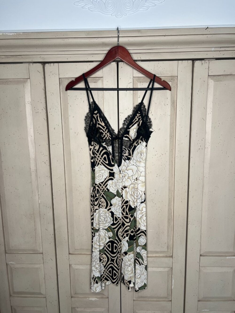Roberto Cavalli Y2K Silk Rose Print Lace Slip Dress Art Nouveau IT 38 US 2 - Picture 2 of 15